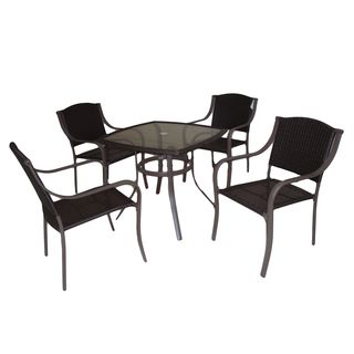At Leisure 5 piece Woven Dining Set (Dark brownSome table and chair assembly required; instructions and tools includedDurable steel framesTable has a tempered glass topResin wicker on chairs and table outer edgeChair dimensions 32 inches high x 24 inches