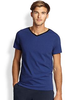  Collection Modern Fit Striped V Neck Tee   Blue