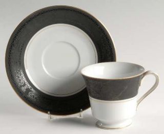 Mikasa Ambassador Footed Cup & Saucer Set, Fine China Dinnerware   Black Scrolls