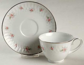 Noritake Mabel Footed Cup & Saucer Set, Fine China Dinnerware   Pink Roses, Blue