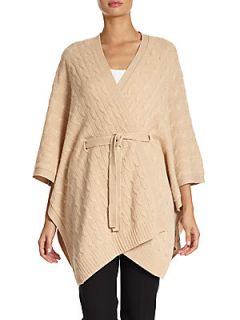Cashmere Cable Knit Belted Poncho   Camel