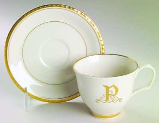 Pickard Reflection (With Monograms) Flat Cup & Saucer Set, Fine China Dinnerware
