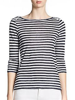 Boatneck Striped Linen Top   Navy White