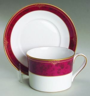 Spode Bordeaux Flat Cup & Saucer Set, Fine China Dinnerware   Red Border, Gold D