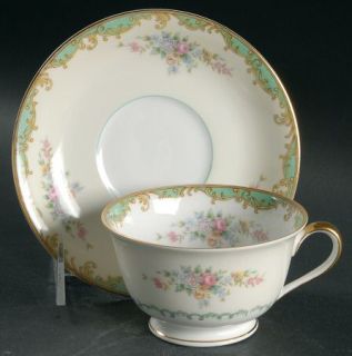 Noritake Mystery #18 Footed Cup & Saucer Set, Fine China Dinnerware   Green Bord