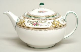Wedgwood Columbia White (Medallion,Green Trim) Teapot & Lid, Fine China Dinnerwa