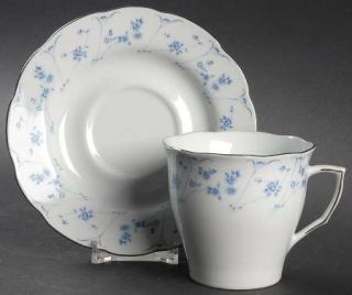 Premiere Blue Dawn Flat Cup & Saucer Set, Fine China Dinnerware   Blue Floral Ri