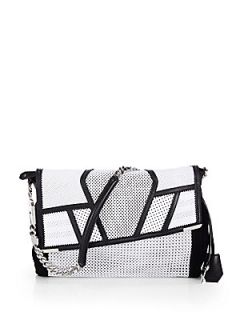 Jimmy Choo Ally Mixed Media Perforated Patchwork Shoulder Bag   Black White