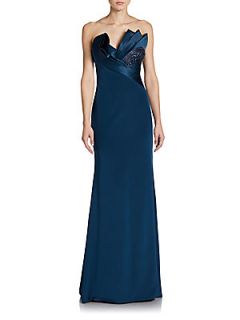 Folded Silk Strapless Gown   Teal Blue