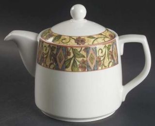 Royal Doulton Cinnabar Teapot & Lid, Fine China Dinnerware   Blue,Tan&Green Mosa