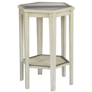 Hand Painted Distressed Antique Ivory Finish Mirrored Accent Table