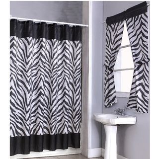 Zebra Print Shower Curtain Set And 4 piece Window Set (ZebraWindow PanelConstruction Pocket rodLining UnlinedDimensions curtain  54 inches long x 34 inches wideMaterials Polyester/ PVCTiebacks included Care instructions Machine washableShower curtai