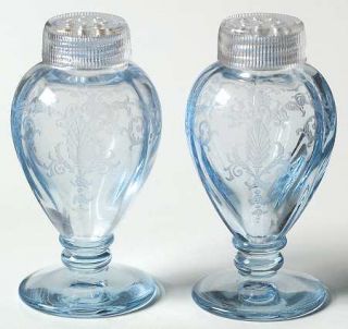 Fostoria Versailles Blue Footed Shaker Set & Glass Lids   Stem #5098, Etch #278,