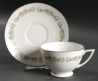 Minton Spring Footed Cup & Saucer Set, Fine China Dinnerware   Green Flowers & L