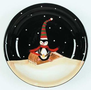 Midnight Penguin 9 Soup/Pasta Bowl, Fine China Dinnerware   Penguin,Green/Red H