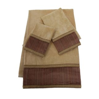 Juliet Striped Embellished 3 piece Towel Set (Nugget gold/taupe/brown Materials 100 percent cotton towel/100 percent polyester band Care instructions Spot clean recommended DimensionsBath towel 25 inches wide x 48 inches longHand towel 16 inches wide 