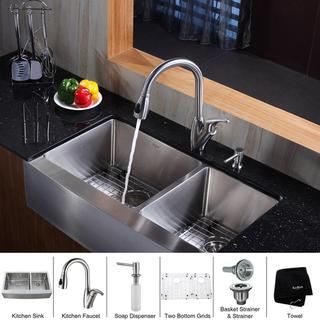 Kraus Kitchen Combo Set Stainless Steel Farmhouse Sat in Sink With Faucet