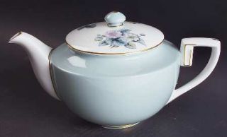 Royal Worcester Woodland Teapot & Lid, Fine China Dinnerware   Ice Blue Rim, Flo