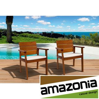 Eucalyptus Wood Set Of 2 Deluxe Arm Chairs (BrownForest Stewardship Council (FSC) certifiedHighly resistant Ships in one (1) boxCushions included NoWeather resistant YesUV protection YesAdjustable NoDimensions 34 inches high x 25 inches wide x 24 inc