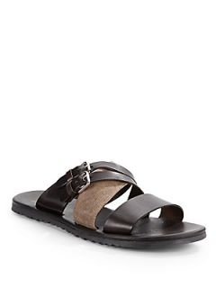 Mixed Media Buckle Strap Flat Sandals   Brown