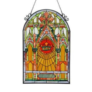 Tiffany Style Cathedral Design Stained Glass Panel (Tones of red, green, amber and blue art glass and clear glass Materials Metal and art glass Pattern Mission Glass Art glass Dimensions 32 inches tall x 20.40 inches wide x 0.25 inch deep Assembly Mo