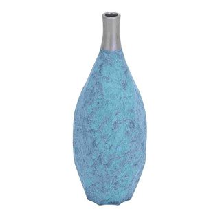 Ceramic Blue And Silver Bottle Vase (Blue/silver Sleek neck Durable and sturdyMaterials CeramicDimensions 18 inches high x 6 inches wide x 6 inches deep )