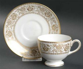 Wedgwood Damask Gold Footed Cup & Saucer Set, Fine China Dinnerware   Gold Flowe