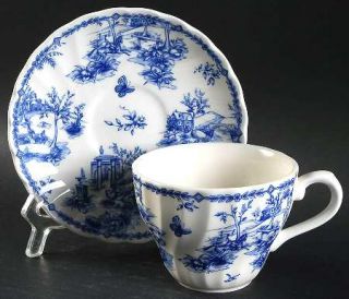 Churchill China Toile Blue (Scalloped) Flat Cup & Saucer Set, Fine China Dinnerw