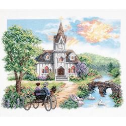 Country Church Stamped Cross Stitch Kit 14x12