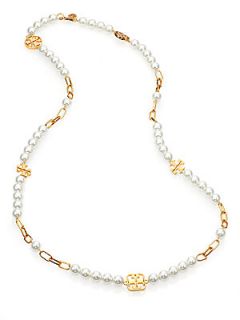 Tory Burch Tilde Logo Long Necklace   Ivory Pearl