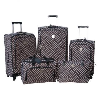 Jenni Chan Signature Brown/silver 5 piece Spinner Luggage Set (Brown/ silverMaterials PolyesterExternal packing pocket Zippered mesh pocket Computer compartment in tote 17 inches x 10 inches x 2 inchesWeight Large upright (11.5 pound), medium upright (