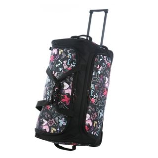 Olympia 26 inch Fashion Printed Butterfly Rolling Upright Duffel Bag (Black with muticolor butterfly and heart patternWeight 3.9 poundsU top opening to roomy main compartment Pockets Four (4) outer pockets Front zipper pocket for easy access to immediat
