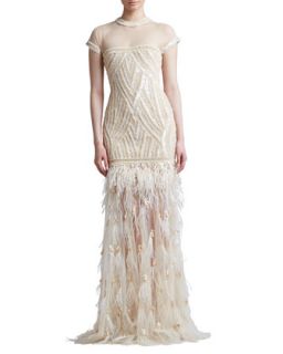 Womens Beaded Embroidered Feather Skirt Gown   Naeem Khan