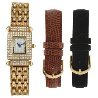 Womens Peugeot Crystal Pave Dial Interchangeable Strap Watch Set   Gold