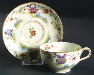 Royal Worcester Pekin (Cream Background) Flat Cup & Saucer Set, Fine China Dinne