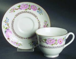 Royal Worcester Mikado Footed Cup & Saucer Set, Fine China Dinnerware   Pink & B