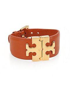 Tory Burch Logo Hinge Leather Bracelet   Luggage