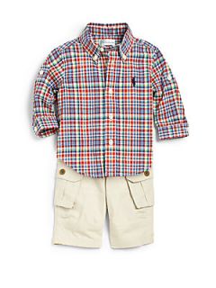Ralph Lauren Infants Two Piece Plaid Shirt & Cargo Pants Set   Red Plaid