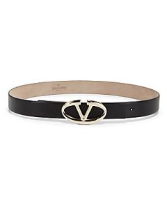 Valentino Logo Leather Platino Belt   Black