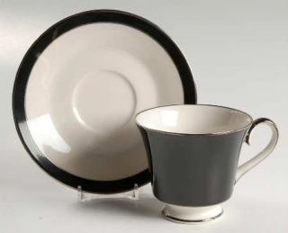 Carico Mystique Footed Cup & Saucer Set, Fine China Dinnerware   Black Band,No D