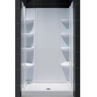 Fiberglass Reinforced Slimline Single Threshold Shower Base And Qwall 3 Shower Backwalls Kit (WhiteSix (6) integrated corner shelves for soap or accessoriesTwo (2) Convenience corner foot restsUnique water tight connection of two (2) sidewalls, two (2) co