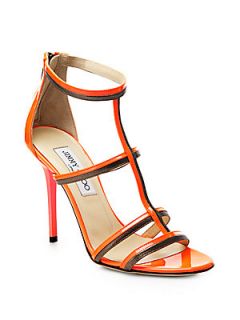 Jimmy Choo Thistle Neon Patent & Metallic Leather Sandals   Flame Anthracite