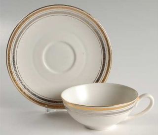 Sascha Brastoff Apollo Flat Cup & Saucer Set, Fine China Dinnerware   Gold Bands