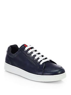 Prada Leather Lace Up Sneakers   Blue