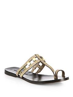 Sigerson Morrison Buffy Studded Leather Toe Ring Sandals   Taupe