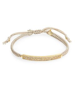 Gold Plated Pave ID Bar Braided Bracelet   Beige