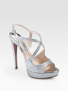 Prada Glitter Strappy Platform Sandals   Argento Silver