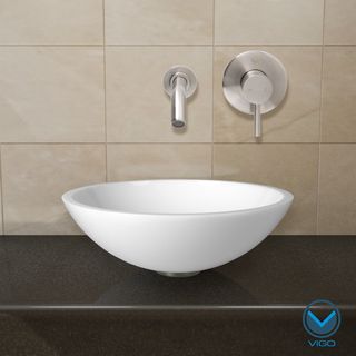 Vigo Flat Edged White Phoenix Stone Glass Vessel Sink With Brushed Nickel Wall Mount Faucet