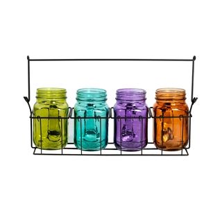 Assorted Color 4 piece Mason Jars With Metal Caddy Tealight Holders