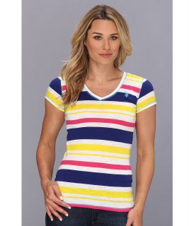 U.S. Polo Assn Striped V Neck Slub Tee Womens T Shirt (Blue)